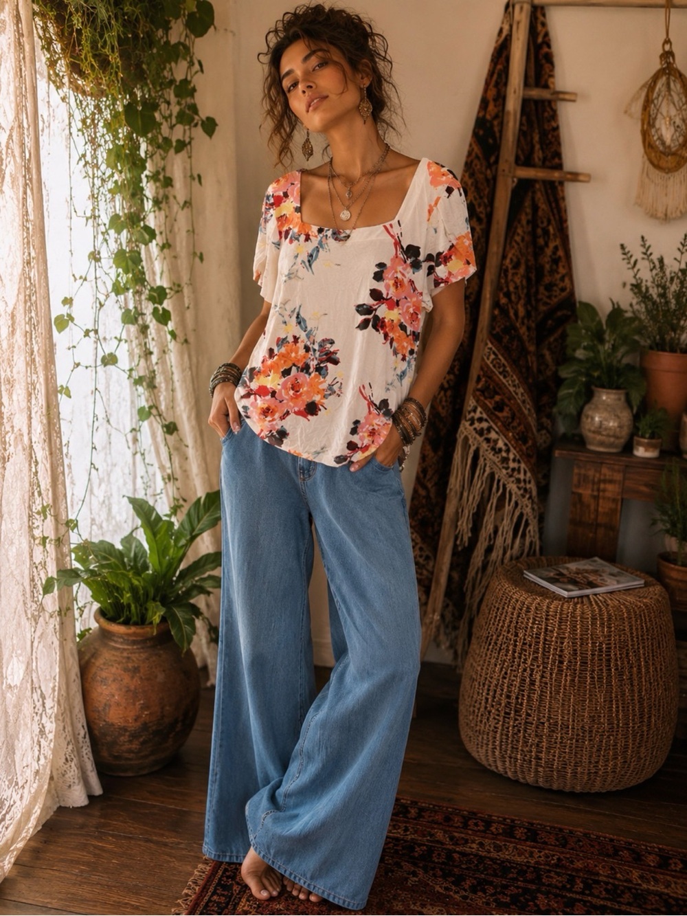 Boho style flowers print top